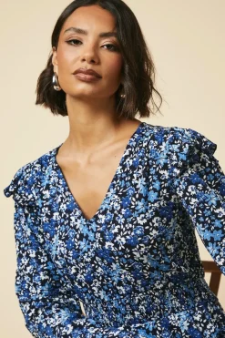 Tall Blue ditsy floral Frill Shoulder Shirred Waist Long Sleeve Midi Dress