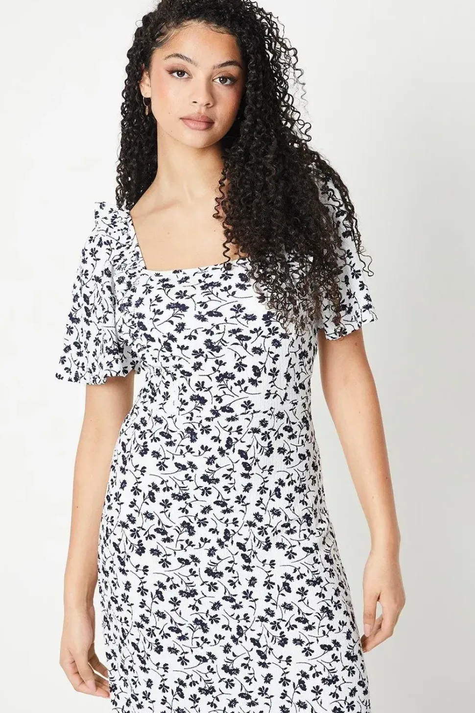 Tall Blue Ditsy Frill Detail Flutter Sleeve Midi Dress