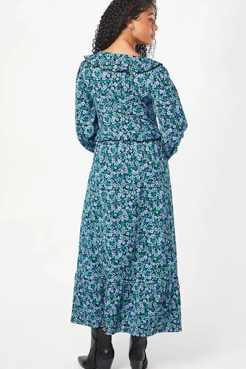 Tall Blue Ditsy Ruffle Front Midi Dress