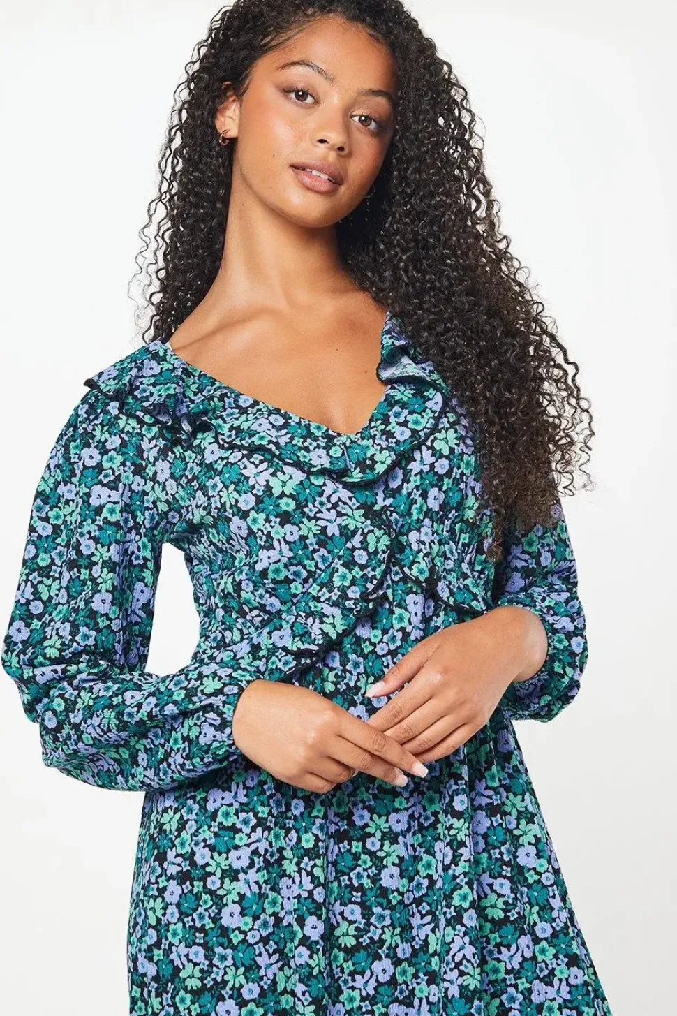 Tall Blue Ditsy Ruffle Front Midi Dress