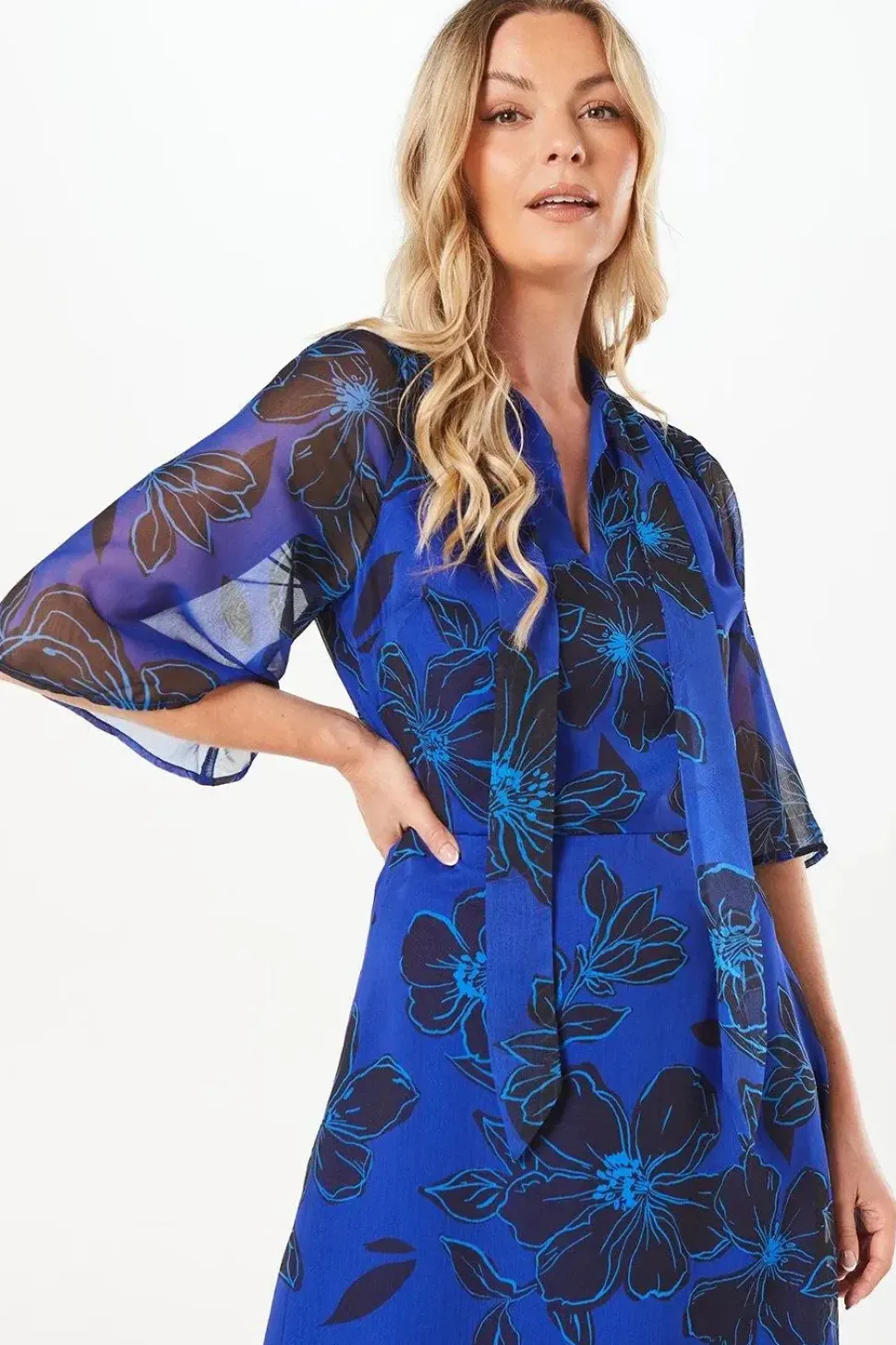 Tall Blue Floral Tie Neck Midi Dress