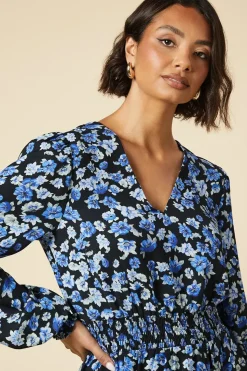 Tall Blue Floral V Neck Shirred Waist Blouse