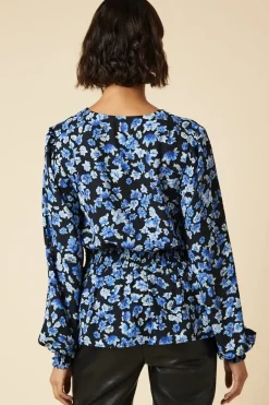 Tall Blue Floral V Neck Shirred Waist Blouse