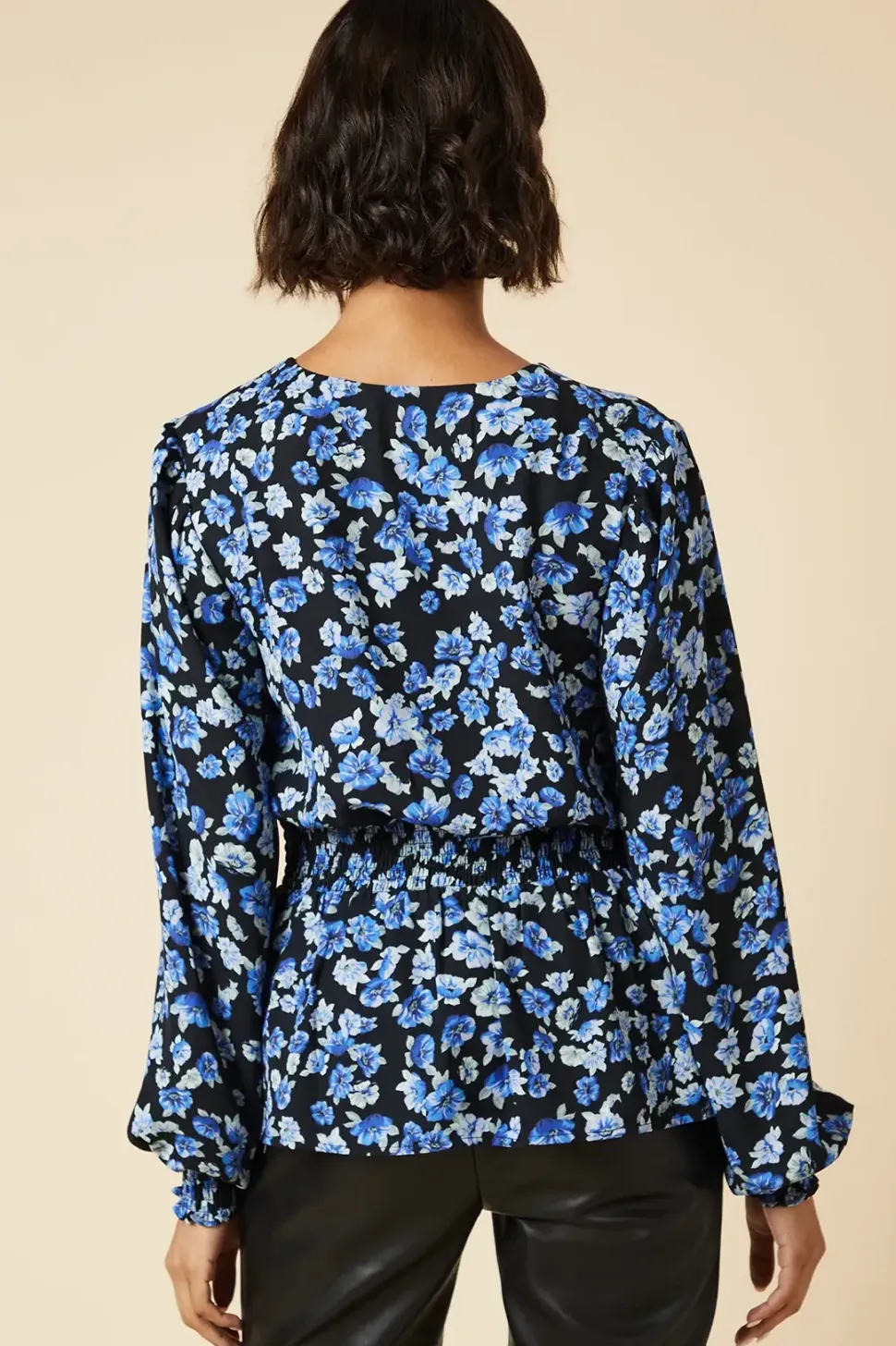 Tall Blue Floral V Neck Shirred Waist Blouse
