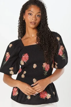 Tall Embroidered Shirred Bodice Blouse