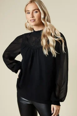 Tall Embroidered Yoke Chiffon Long Sleeve Blouse