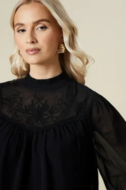 Tall Embroidered Yoke Chiffon Long Sleeve Blouse