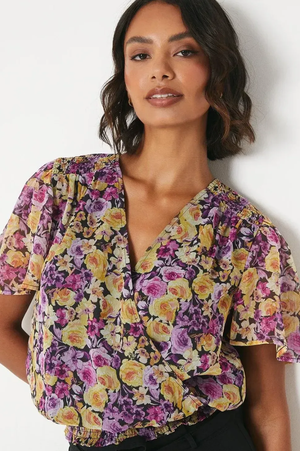 Tall Floral Chiffon Shirred Hem Wrap Blouse