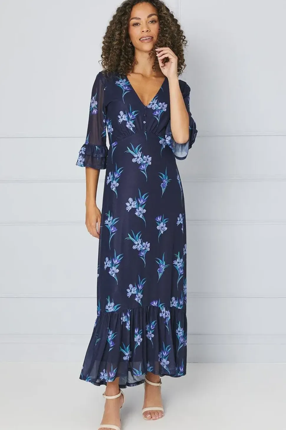 Tall Floral Mesh Ruffle Sleeve Midaxi Dress