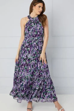 Tall Floral Metallic Ruffle Halterneck Midaxi Dress