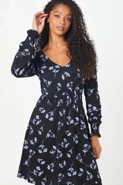 Tall Floral Shirred Waist V Neck Mini Dress