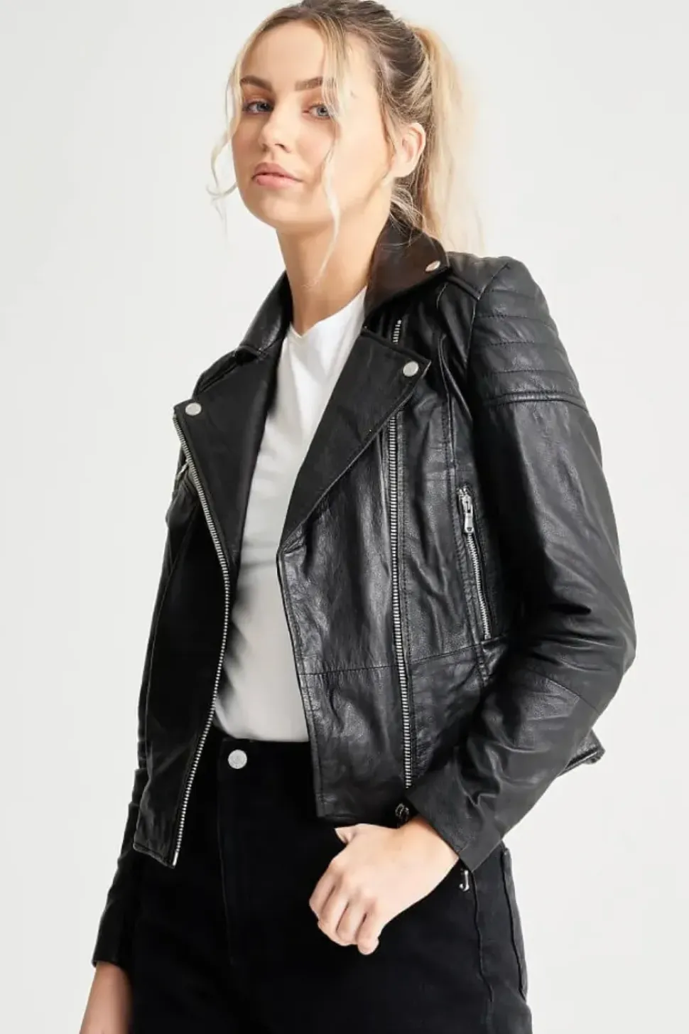Tall Grain Detailed Clara Leather Biker Jacket