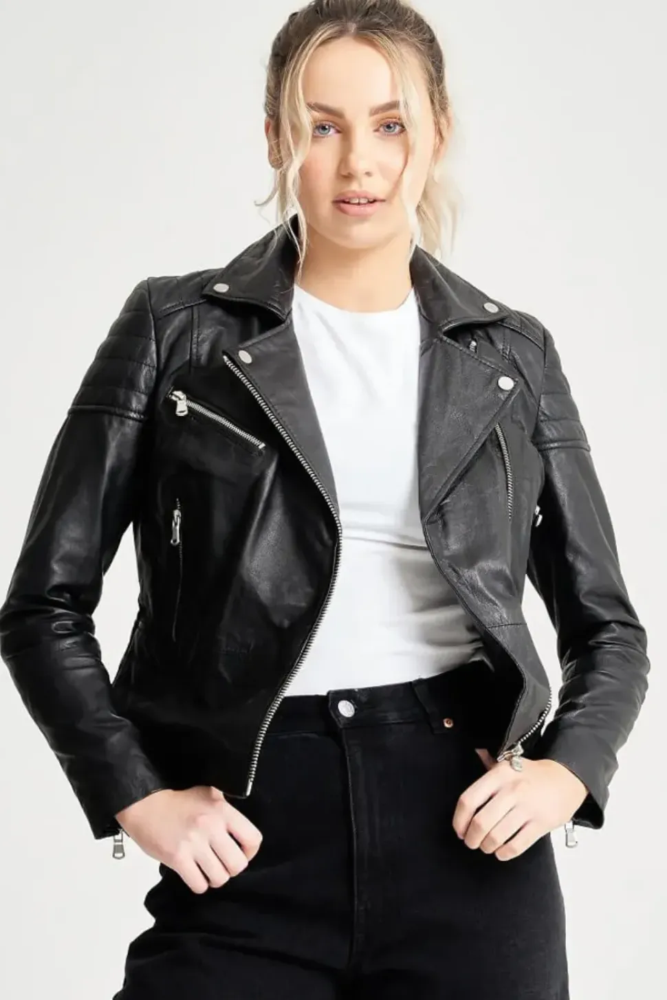 Tall Grain Detailed Clara Leather Biker Jacket