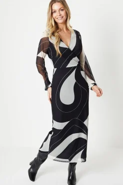 Tall Mono Geo Mesh Wrap Midi Dress