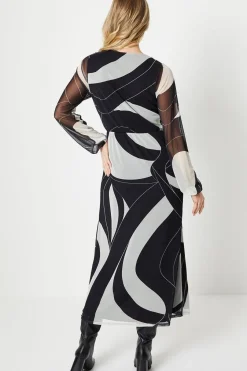 Tall Mono Geo Mesh Wrap Midi Dress