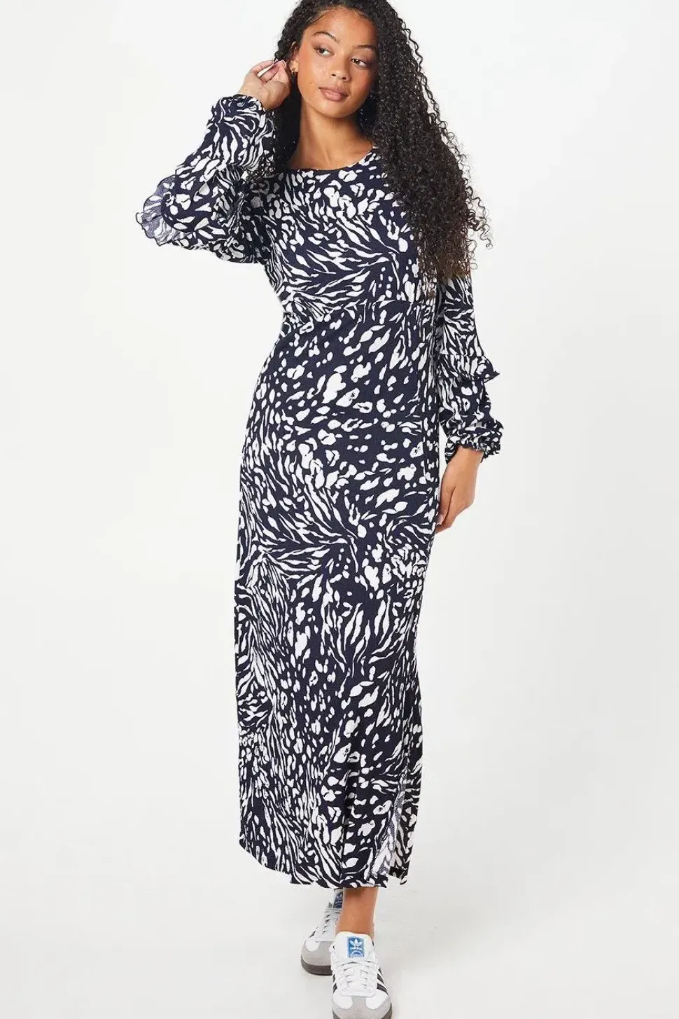 Tall Navy Animal Ruffle Sleeve Midi Dress