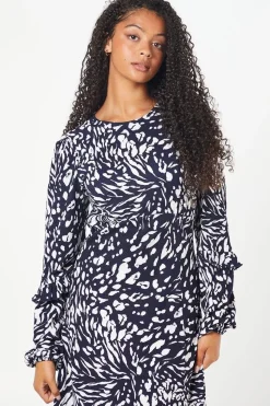 Tall Navy Animal Ruffle Sleeve Midi Dress