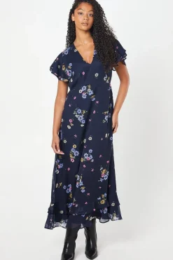 Tall Navy Floral Chiffon Ruffle Front Midi Dress