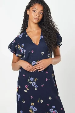 Tall Navy Floral Chiffon Ruffle Front Midi Dress