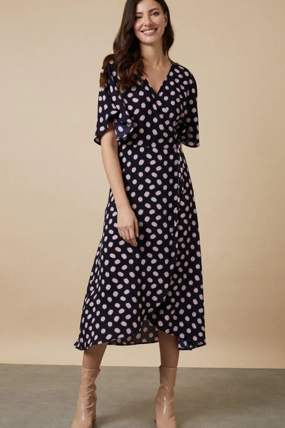 Tall Navy Spot Angel Sleeve Dress