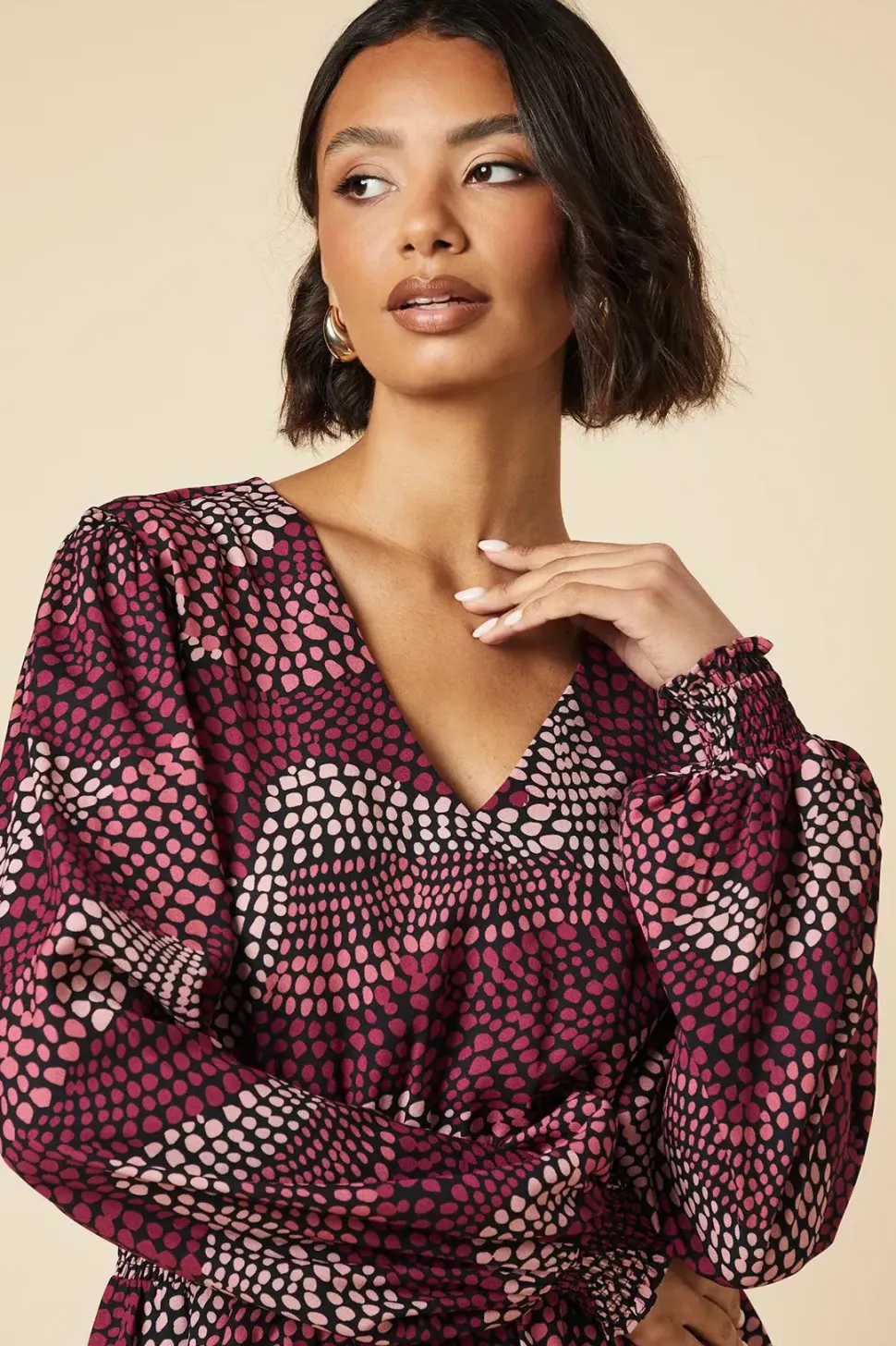 Tall Pink Spot V Neck Shirred Waist Blouse