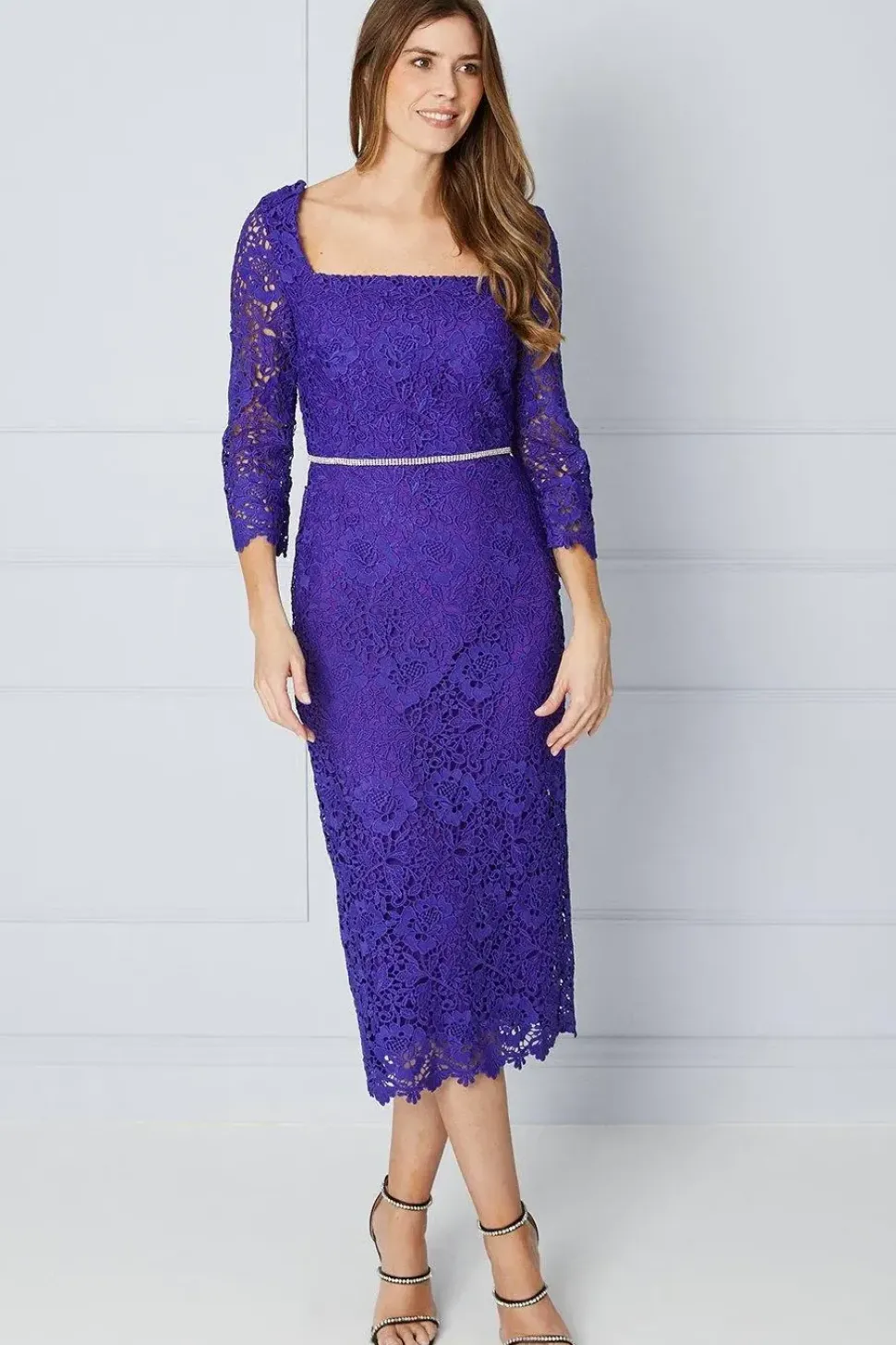 Tall Premium Lace Embellished Waist Midi Dress