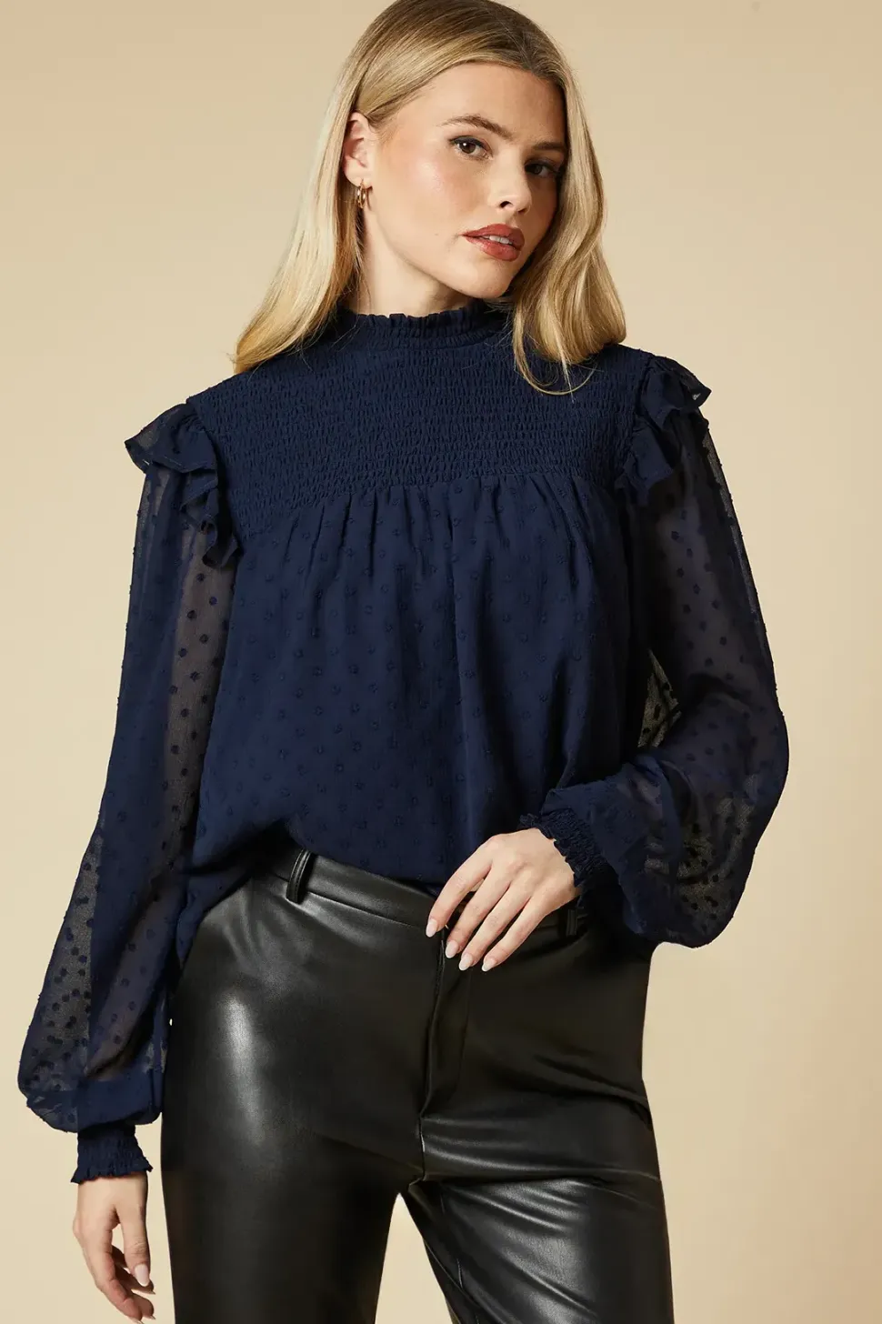 Tall Shirred Yoke Dobby Chiffon Long Sleeve Blouse