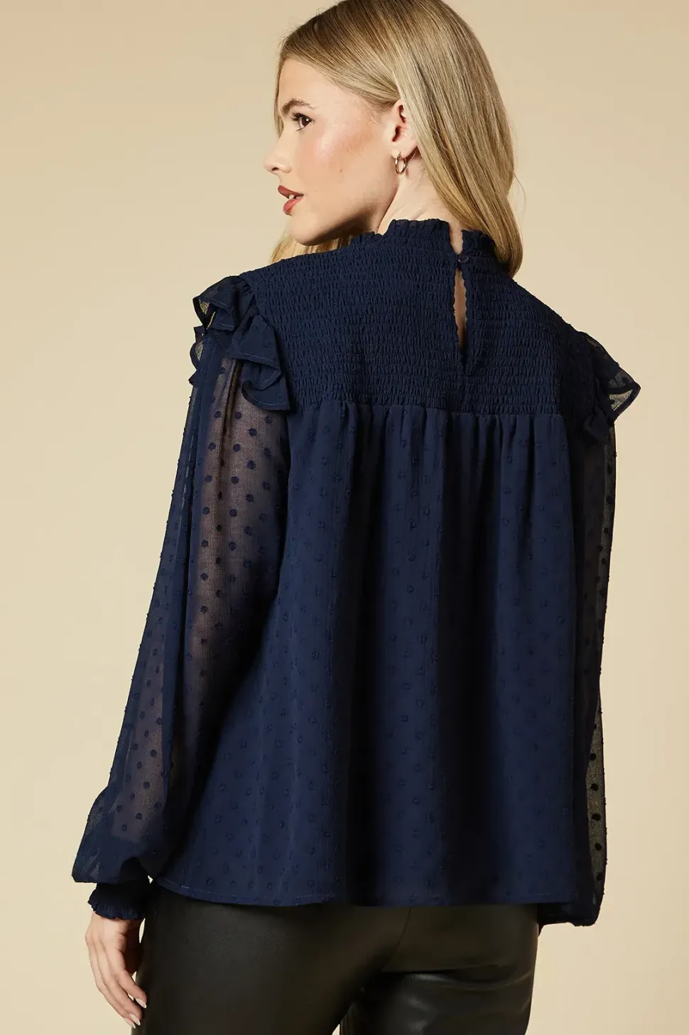 Tall Shirred Yoke Dobby Chiffon Long Sleeve Blouse