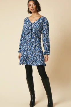 Tall Tie Front ruffle Bust long sleeve Mini dress