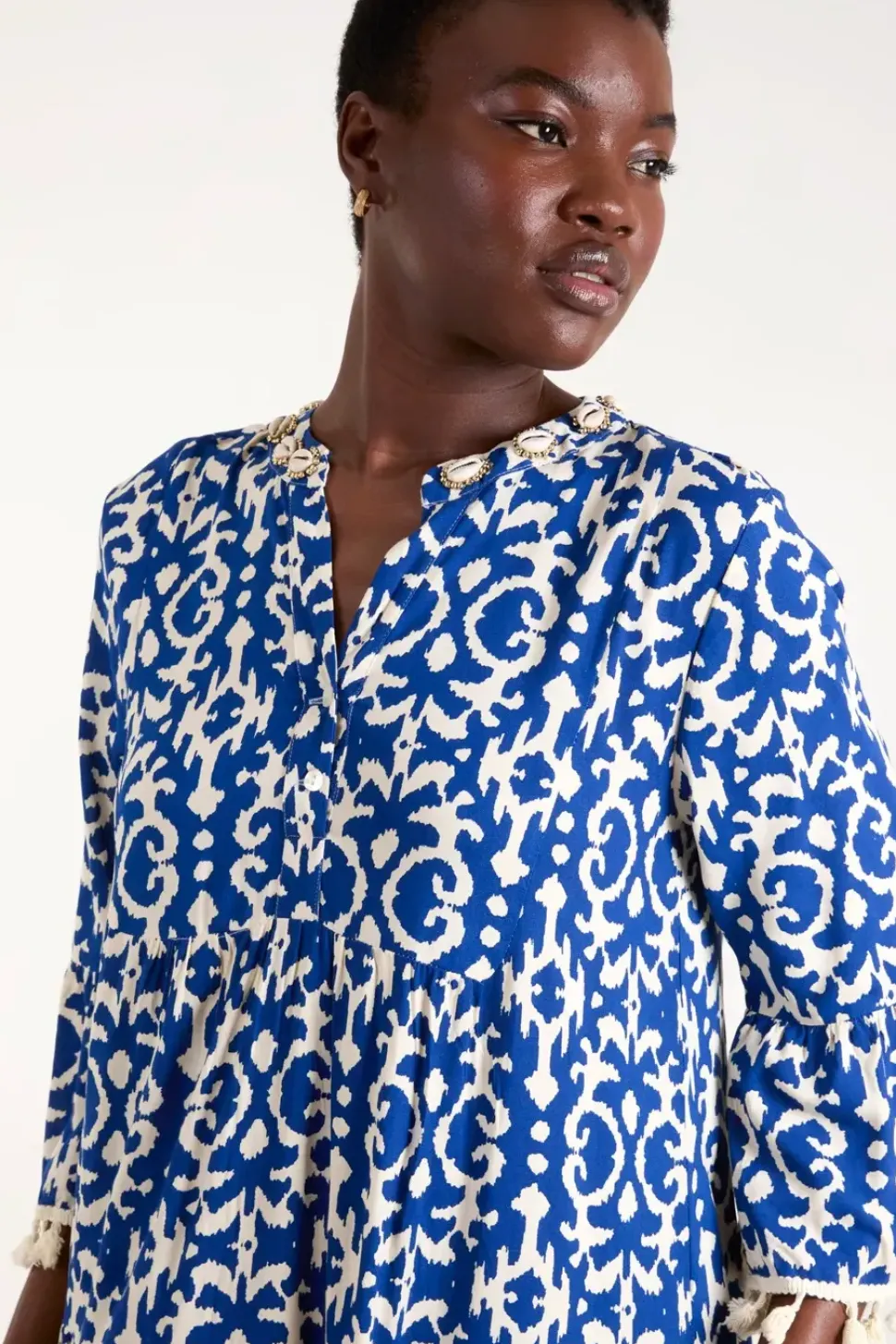 Tassel & Shell Neck Smock Dress