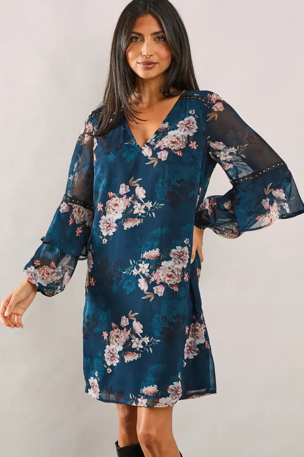 Teal Blossom Print Sleeve Detail Shift Dress