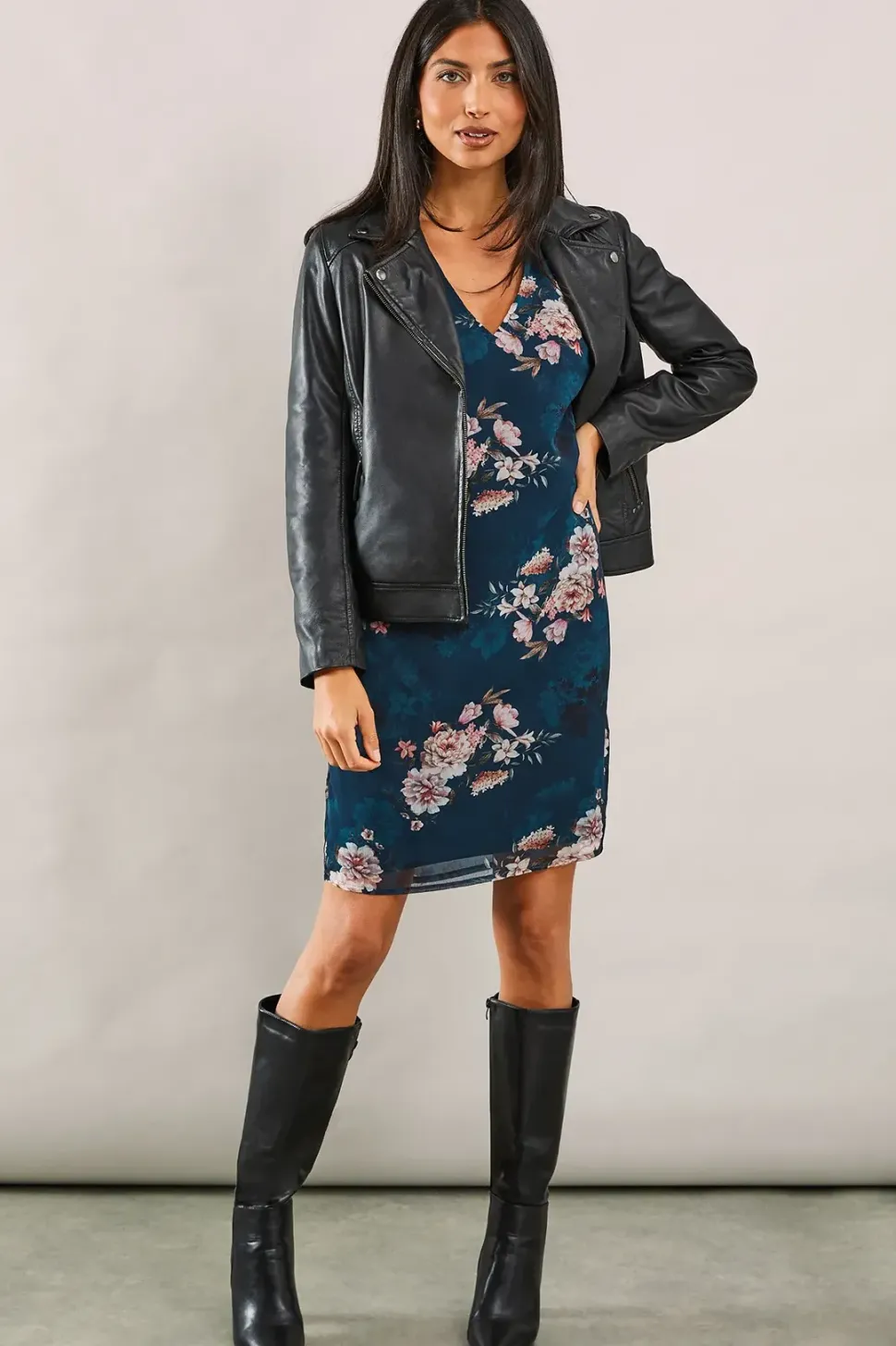 Teal Blossom Print Sleeve Detail Shift Dress