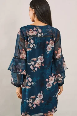 Teal Blossom Print Sleeve Detail Shift Dress