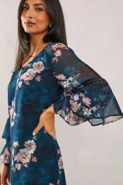 Teal Blossom Print Sleeve Detail Shift Dress
