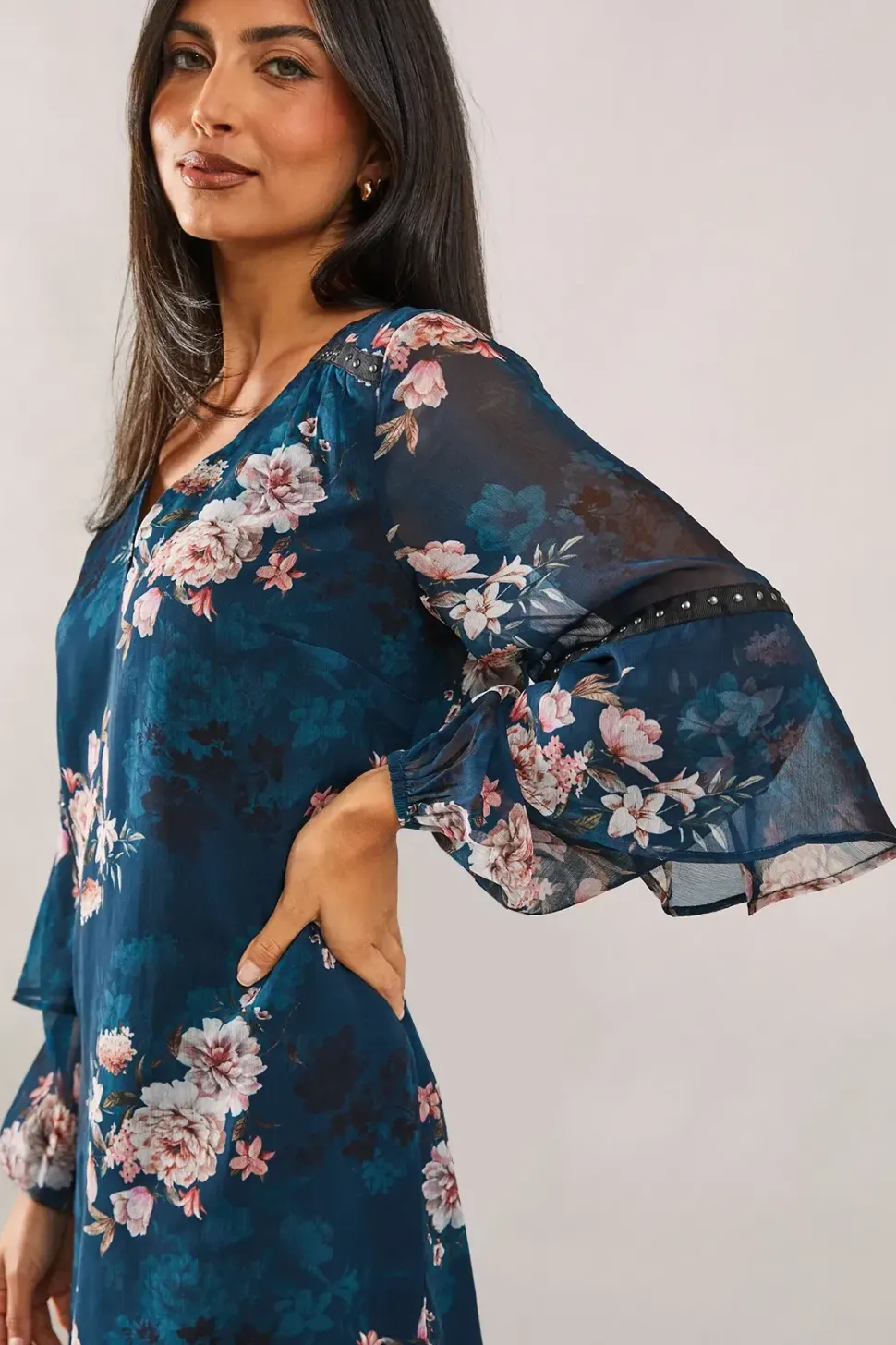 Teal Blossom Print Sleeve Detail Shift Dress