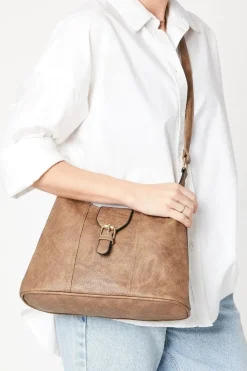 Terry Faux Leather Buckle Detail Top Zip Casual Tote Bags