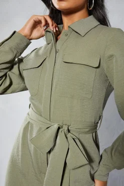 Textured Belted Wide Leg Jumpsuit