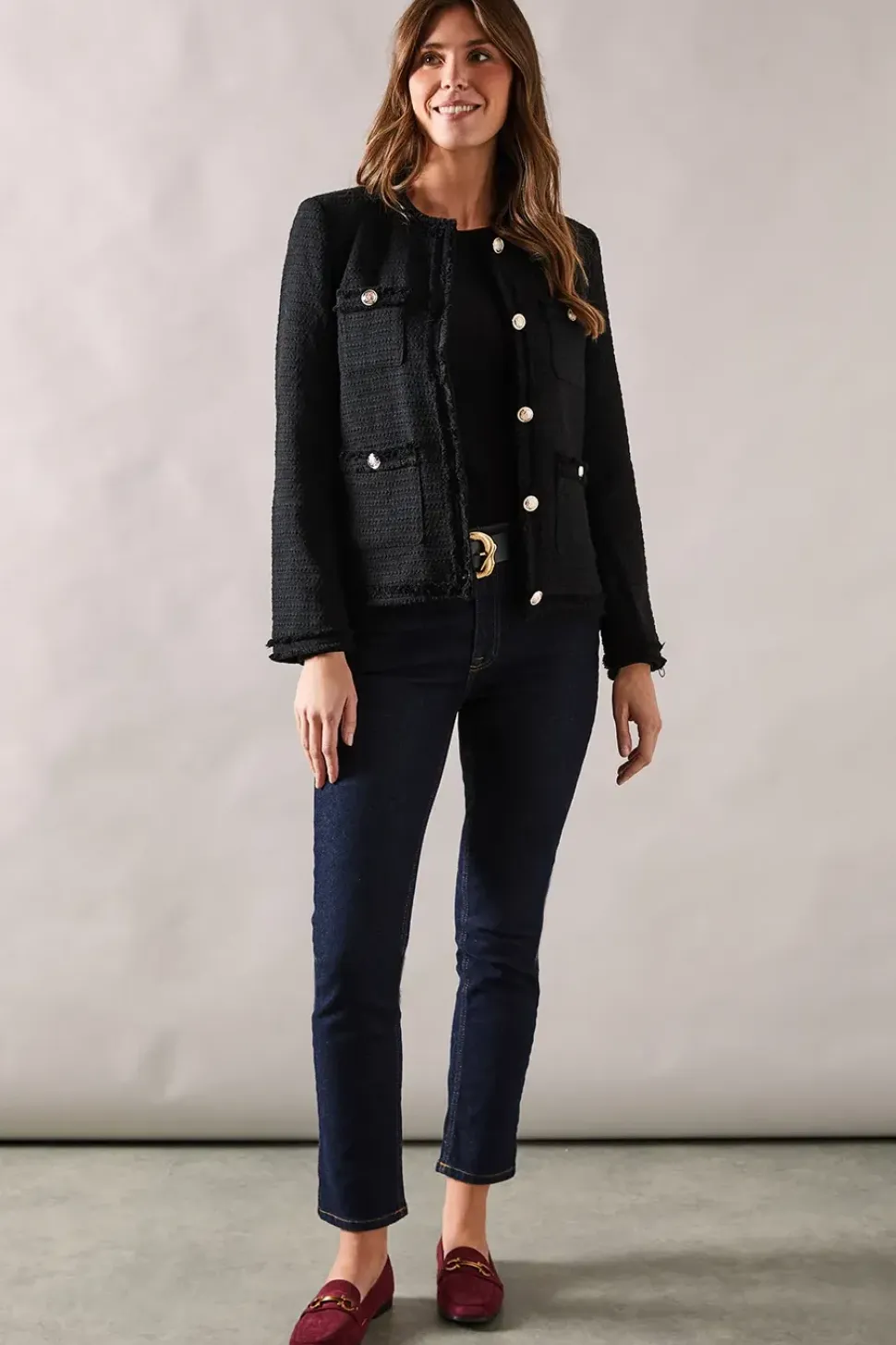 Textured Button Through Collarless Jacket