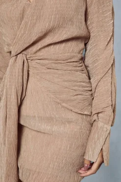 Textured Crinkle Twist Front Plunge Mini Shirt Dress