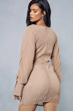 Textured Crinkle Twist Front Plunge Mini Shirt Dress