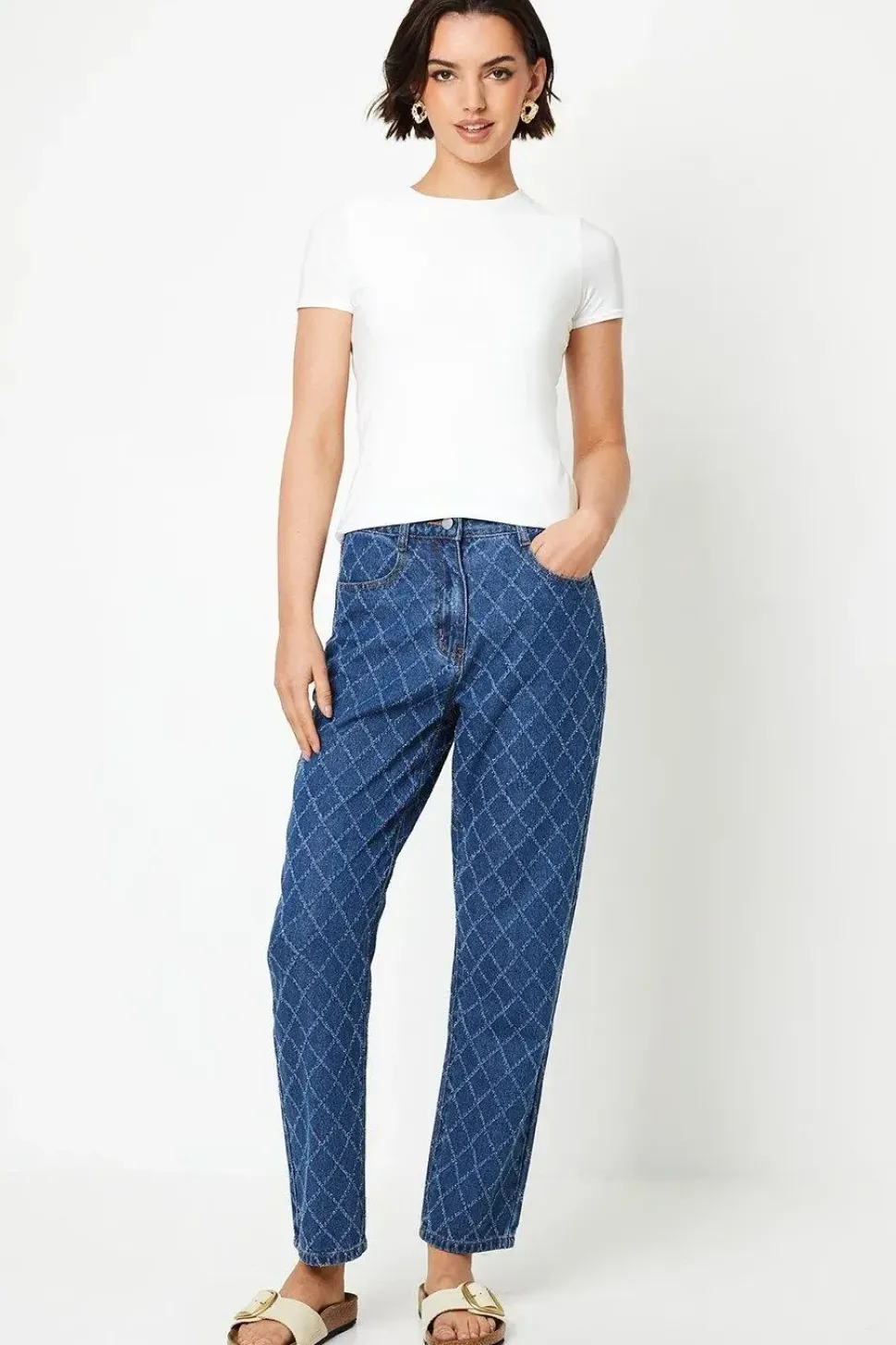 Textured Denim Straight Leg Jeans