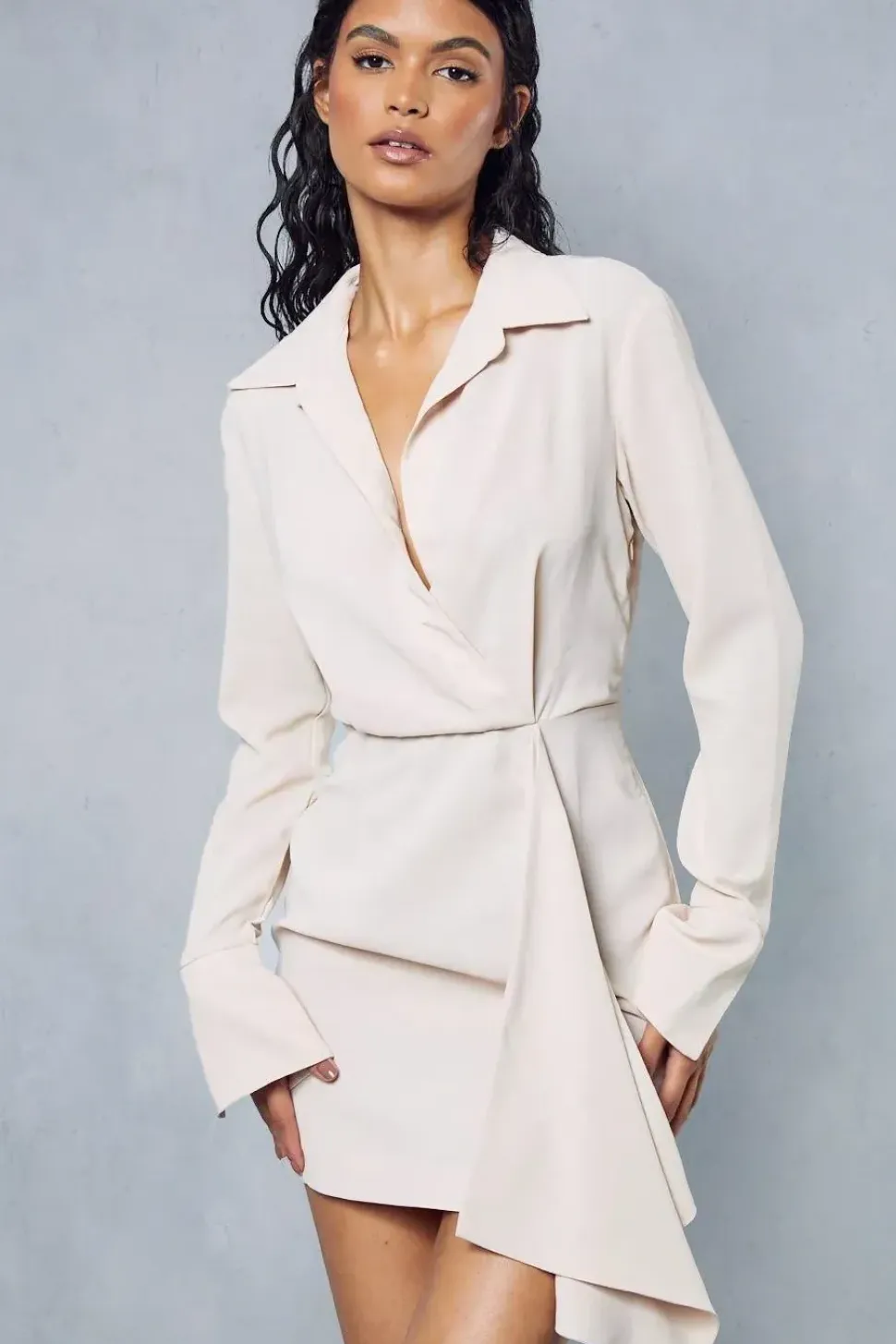 Textured Drape Detail Split Sleeve Mini Shirt Dress