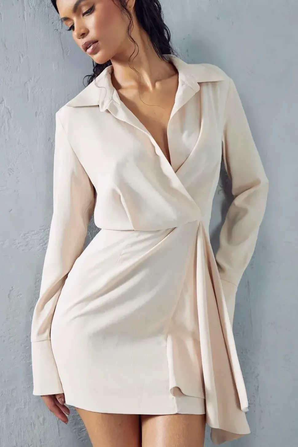 Textured Drape Detail Split Sleeve Mini Shirt Dress