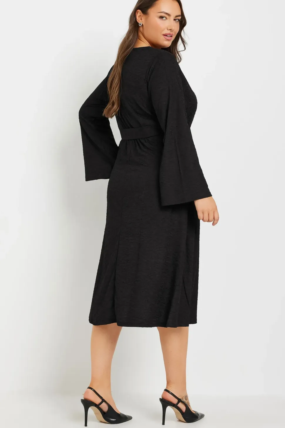 Textured Flare Sleeve Wrap Dress