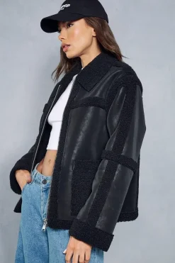 Textured Leather Look Borg Zipped Jacket