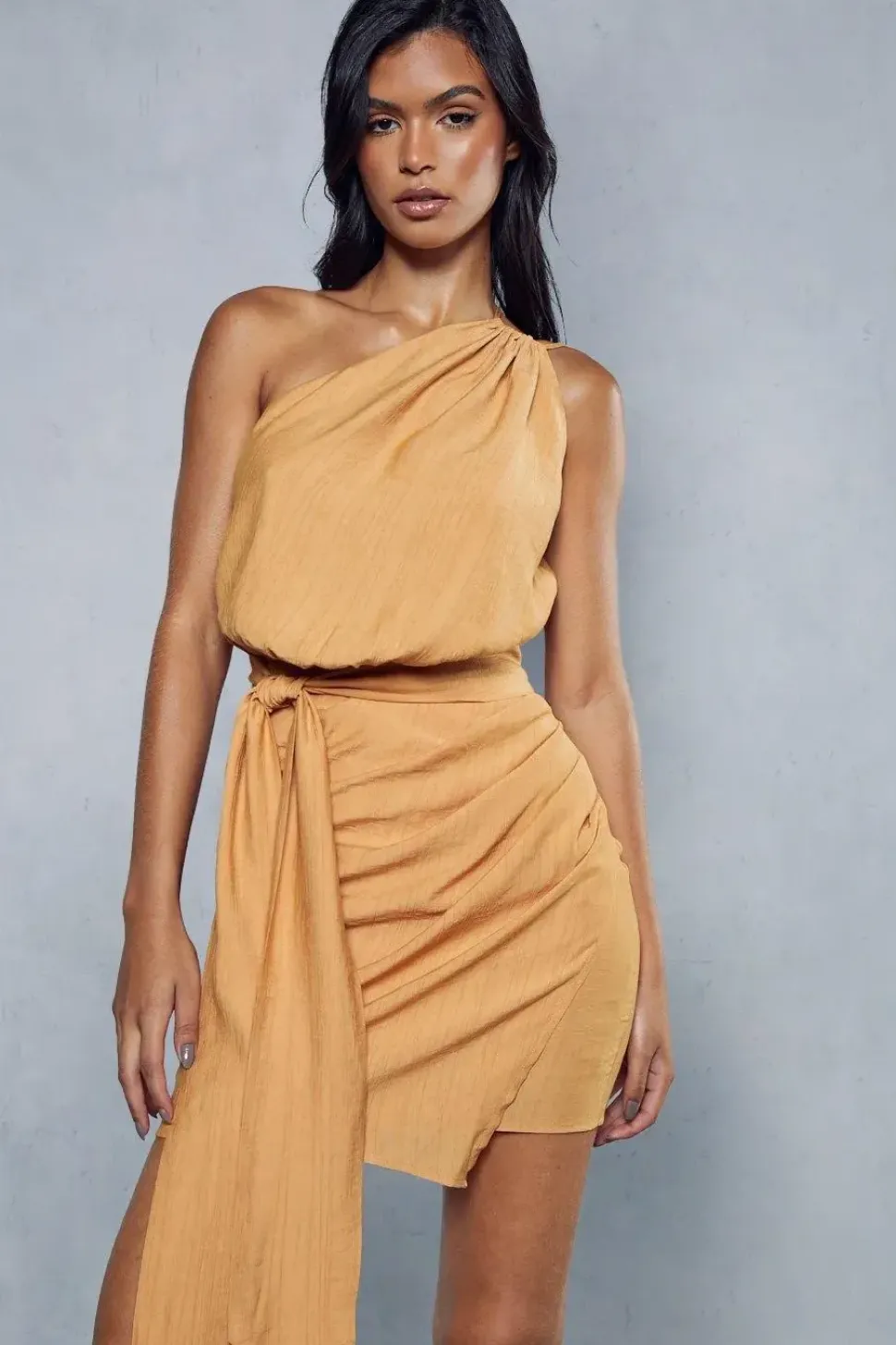 Textured Linen Look Drape Detail Mini Dress