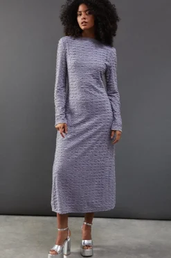 Textured Mesh Stand Neck Midi Dress