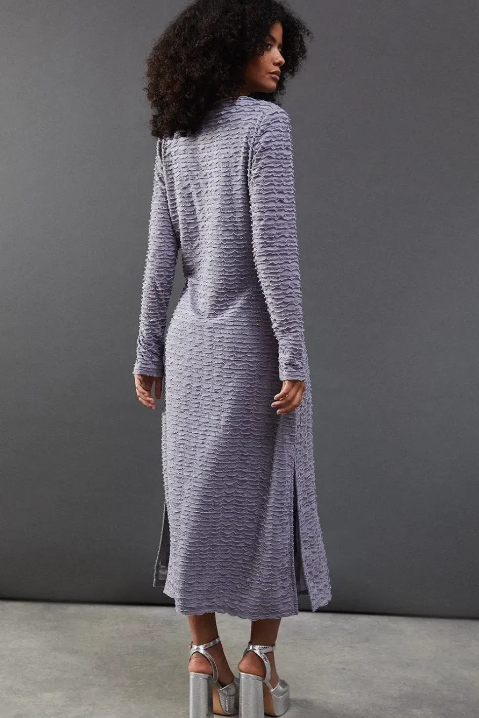 Textured Mesh Stand Neck Midi Dress