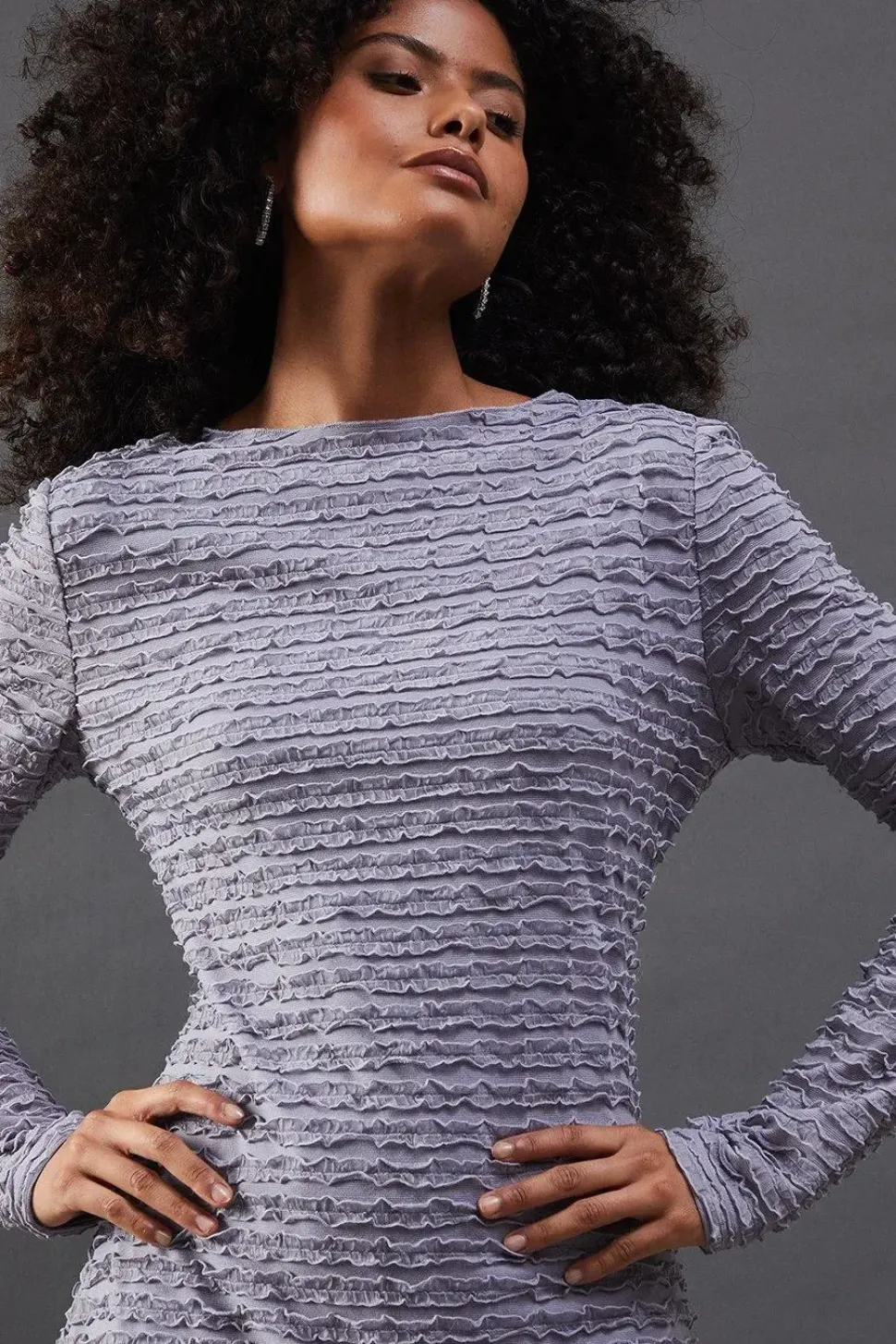 Textured Mesh Stand Neck Midi Dress