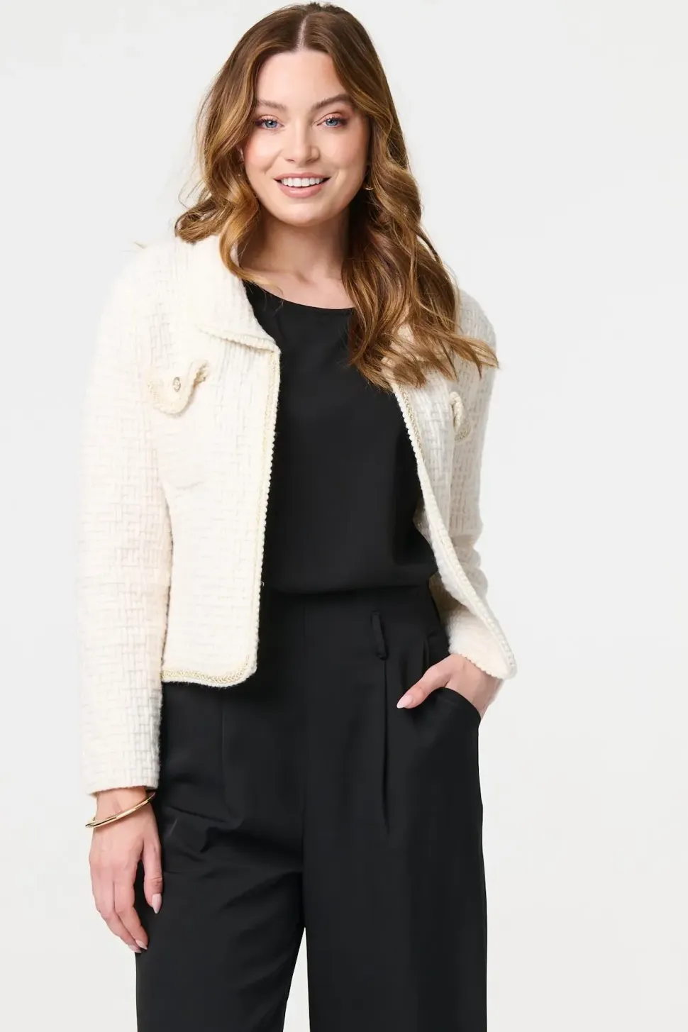 Textured Pocket Detail Crop Knit Jacket